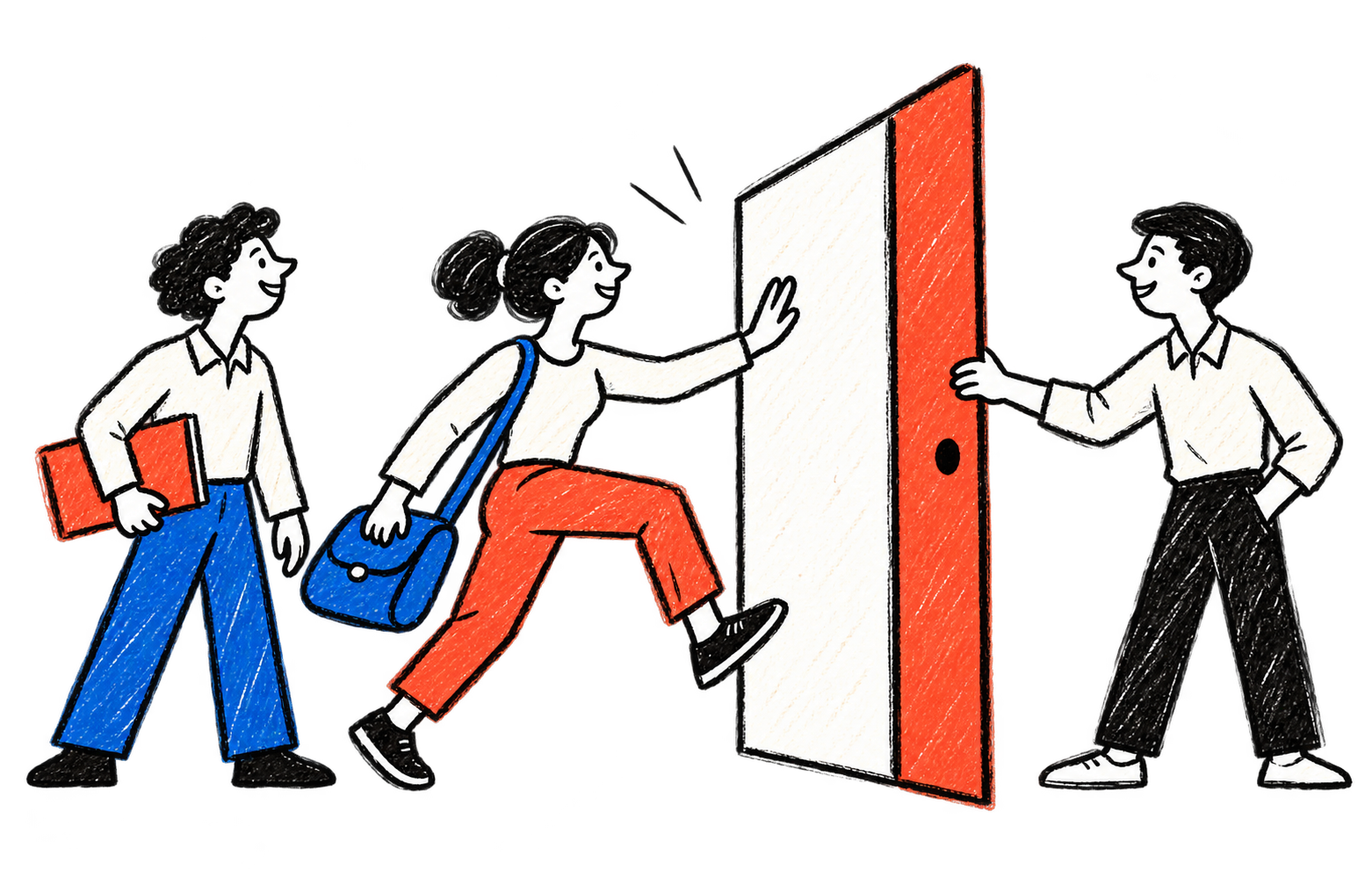 Colleagues walk up to a big open door; one steps through while another holds it open and welcomes them