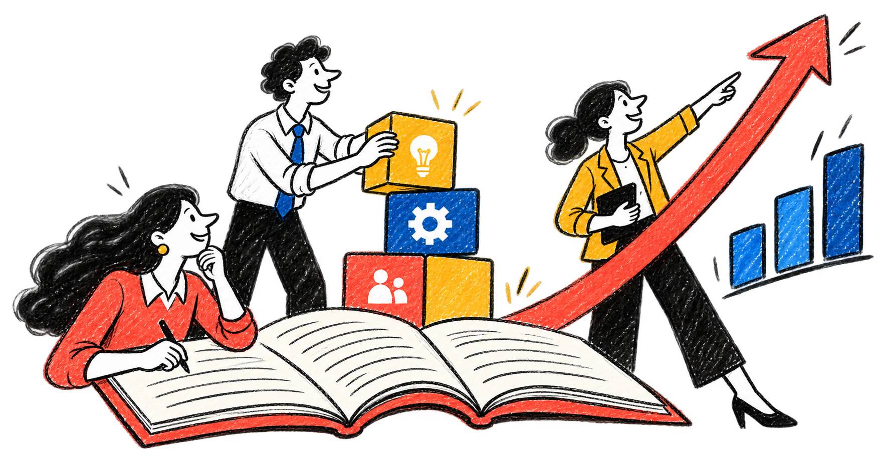 Colleagues stack idea, process and team blocks on an open book while one points up a rising arrow