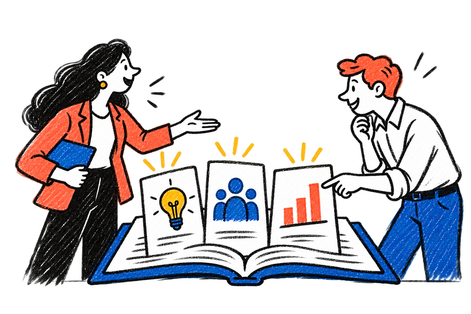 Two colleagues look over an open catalogue with idea, team and results cards