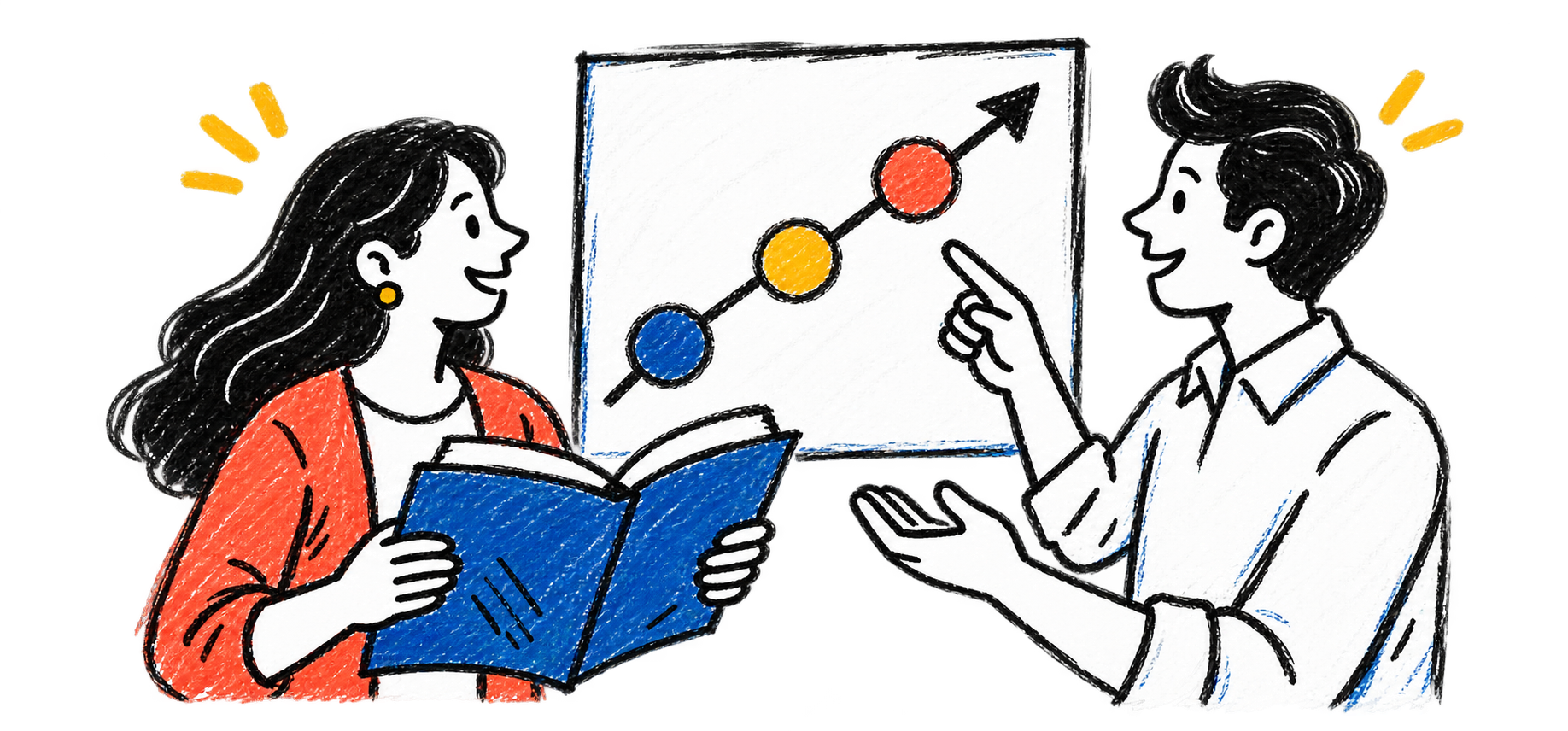 Two colleagues discuss a chart rising to the top, one holding a book