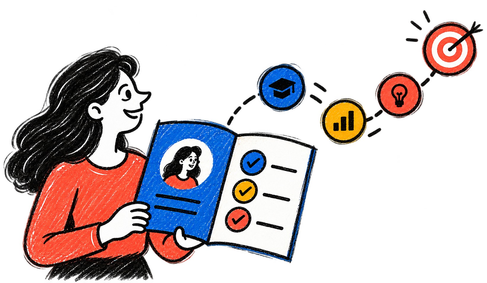 A person holds a skill passport with checked skills, a path of milestones leading to a target